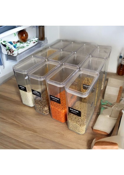 12'li Etiketli Erzak Bakliyat Kiler Dolap Mutfak Düzenleyici Saklama Kabı Seti 3000 ml