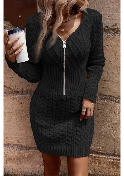 Uzun Kollu Fermuarlı Triko Örme Mini Elbise