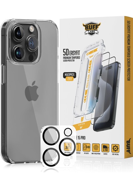 Buff iPhone 15 Pro Avantaj Paket - Şeffaf Kılıf + Ekran Koruyucu + Lens Koruyucu Glass