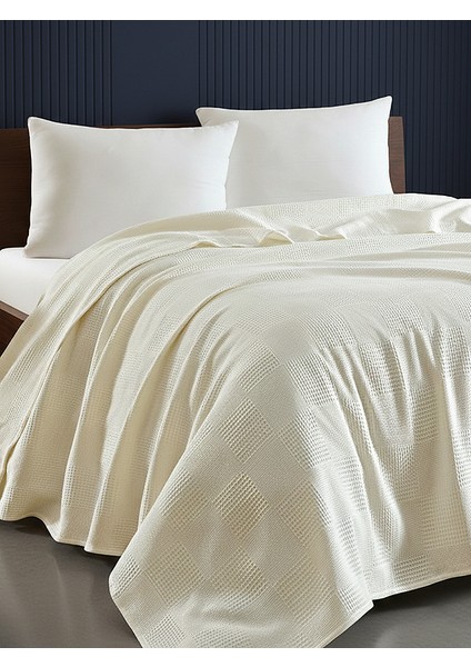 %100 Pamuk Pike Battal Boy Örtü – Karo Desen Krem Renk, 240X230 cm