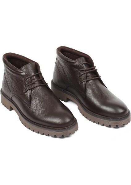 Erkek Kahverengi Bağcıklı Fermuarlı Deri Bot
