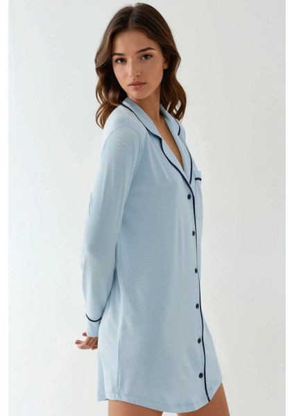 Kadın Ekstra Yumuşak Gömlek Yaka Mini Rahat Gecelik Bebek Mavisi modelleri