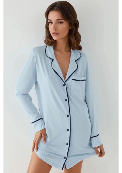 Kadın Ekstra Yumuşak Gömlek Yaka Mini Rahat Gecelik Bebek Mavisi fırsatları