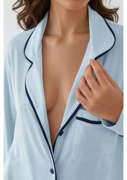 Kadın Ekstra Yumuşak Gömlek Yaka Mini Rahat Gecelik Bebek Mavisi indirimleri