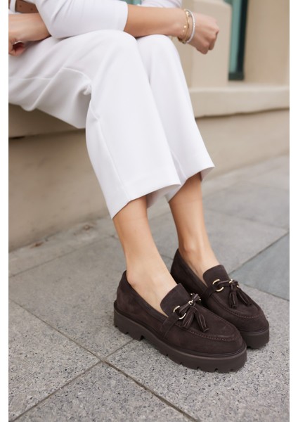 Gray Kadın Kahve Gercek Suet Puskul Detay Eva Taban Loafer Ayakkabi