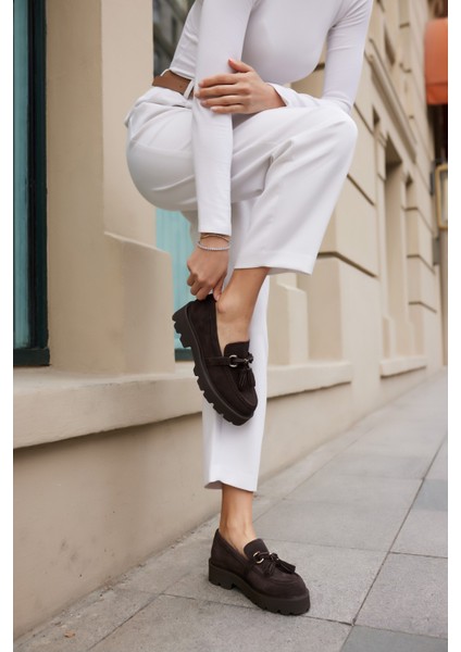 Gray Kadın Kahve Gercek Suet Puskul Detay Eva Taban Loafer Ayakkabi