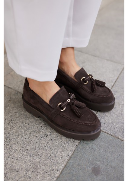 Gray Kadın Kahve Gercek Suet Puskul Detay Eva Taban Loafer Ayakkabi