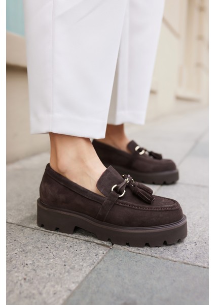 Gray Kadın Kahve Gercek Suet Puskul Detay Eva Taban Loafer Ayakkabi