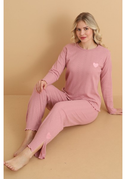 MR-8601 Pointel Kumaş Mevsimlik Günlük Kalpli Kadın Pijama Takımı