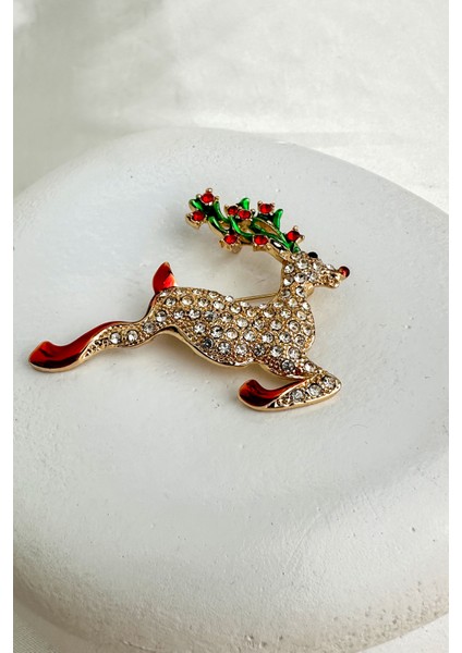 Yılbaşı Özel Mineli Taşlı Sevimli Geyik Broş (6cm)