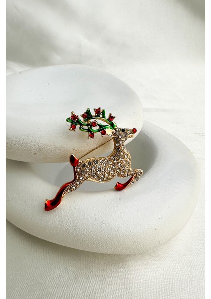 Yılbaşı Özel Mineli Taşlı Sevimli Geyik Broş (6cm) modelleri