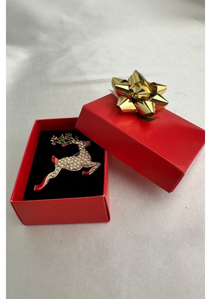 Yılbaşı Özel Mineli Taşlı Sevimli Geyik Broş (6cm) fırsatları