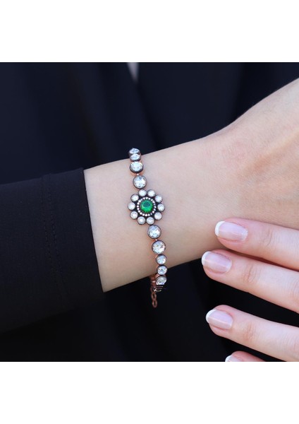 Elmas Montür Rose Gold Kaplama Zümrüt Taşlı Gümüş Bileklik