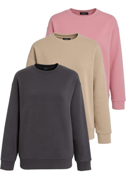 Pembe/füme/bej Bisiklet Yaka Basic 3'lü Paket Sweatshirt MG2595