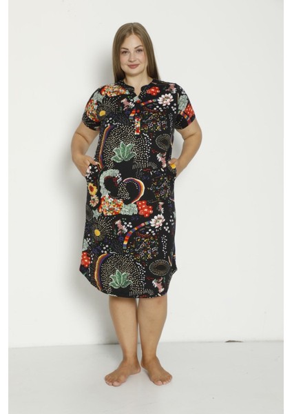 Kadın Kısa Kollu Cepli Düğmeli Büyük Beden Penye Modal Pamuklu Elbise fırsatları