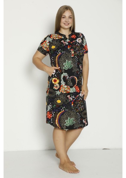 Kadın Kısa Kollu Cepli Düğmeli Büyük Beden Penye Modal Pamuklu Elbise indirimleri