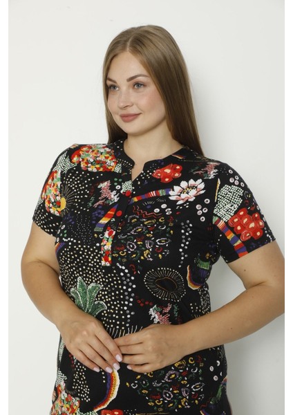 Kadın Kısa Kollu Cepli Düğmeli Büyük Beden Penye Modal Pamuklu Elbise