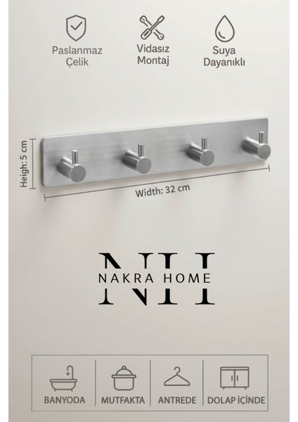 Paslanmaz Çelik Yapışkanlı Duvar Askılığı | Delmeden Montaj Suya Dayanıklı Çok Amaçlı Askılık