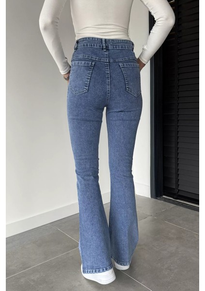 Yüksek Bel Ispanyol Paça Likralı Kadın Kot Jean Pantolon P-00010982 fırsatları