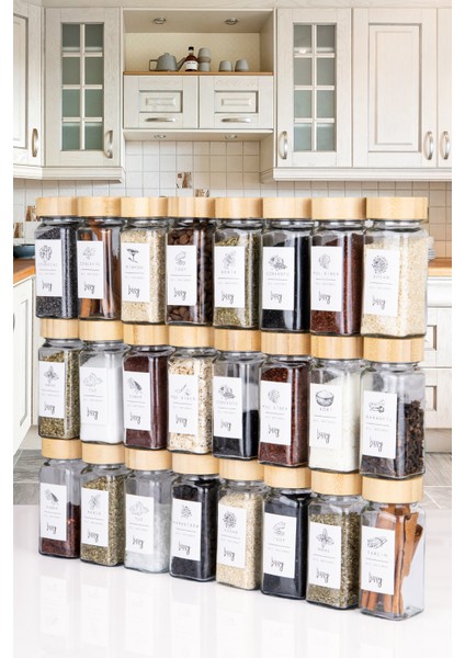 Bambu Kapaklı Kare Cam Baharatlık Seti 24 Adet - Etiket Hediyeli