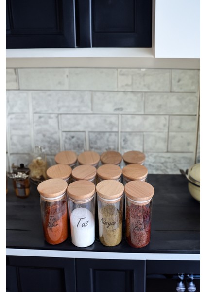 12'li 300 ml Ahşap Kapaklı Vakumlu Damla Model Şeffaf Etiketli Mika Baharatlık Seti Saklama Kabı