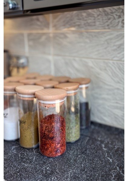 12'li 300 ml Ahşap Kapaklı Vakumlu Damla Model Şeffaf Etiketli Mika Baharatlık Seti Saklama Kabı fiyatları