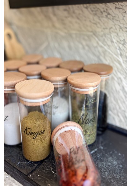 12'li 300 ml Ahşap Kapaklı Vakumlu Damla Model Şeffaf Etiketli Mika Baharatlık Seti Saklama Kabı modelleri