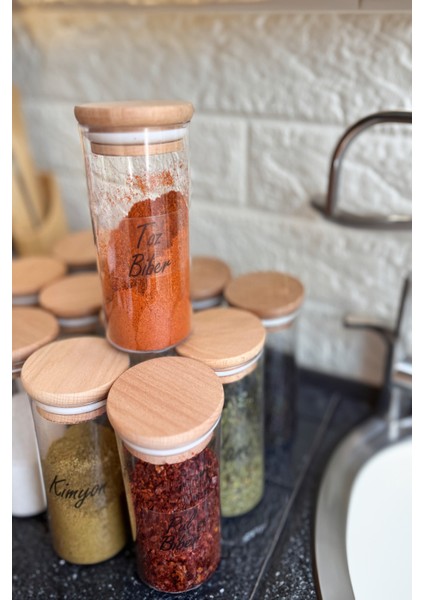 12'li 300 ml Ahşap Kapaklı Vakumlu Damla Model Şeffaf Etiketli Mika Baharatlık Seti Saklama Kabı fırsatları