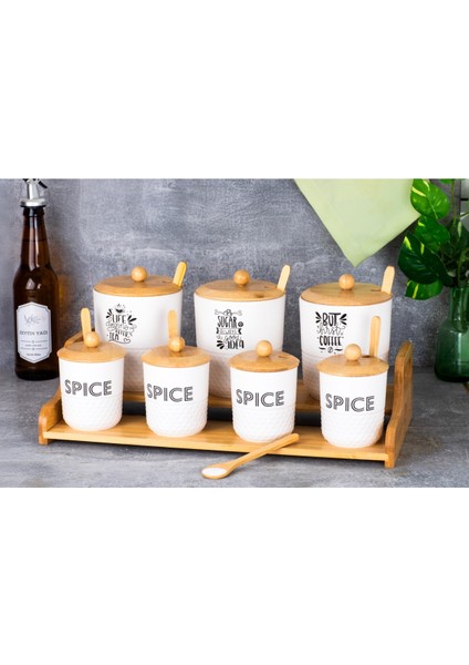 7'li Beyaz Lüks Baharatlık Takımı, Ahşap Standlı 7 Parça Kaşıklı Baharat Saklama Kavanozu Set