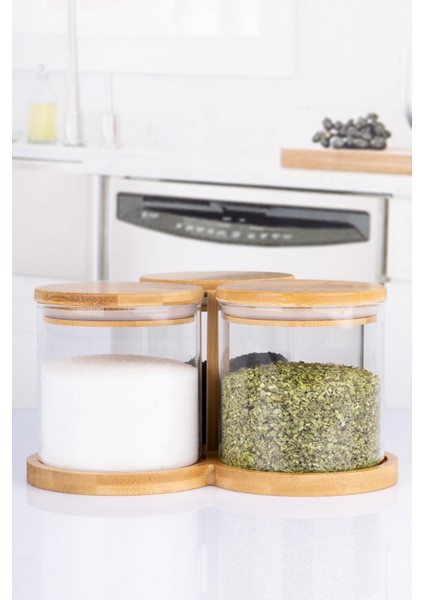 4'lü Bambu Stantlı Borosilikat Yuvarlak Cam Baharatlık 550 ml modelleri