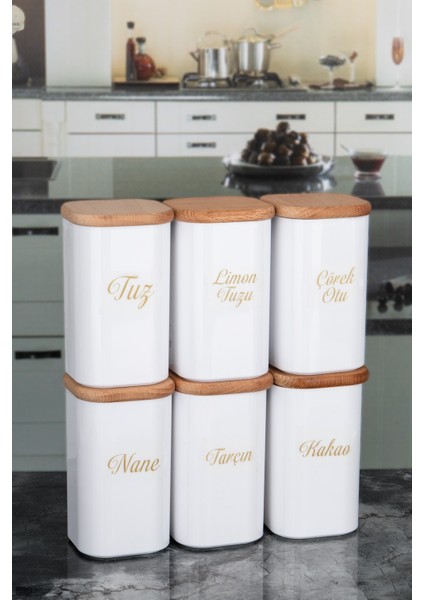 6'lı 250 ml Vakumlu Bambu Ahşap Kapaklı Porselen Görünümlü Akrilik Baharatlık Etiket Hediyeli