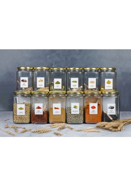12'li Dekoratif Mutfak Düzenleyici Cam Baharatlık Kaşıklı Etiketli 850 cc Gold Metal Kapak