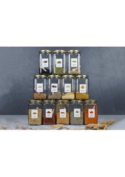 12'li Dekoratif Mutfak Düzenleyici Cam Baharatlık Kaşıklı Etiketli 850 cc Gold Metal Kapak fiyatları