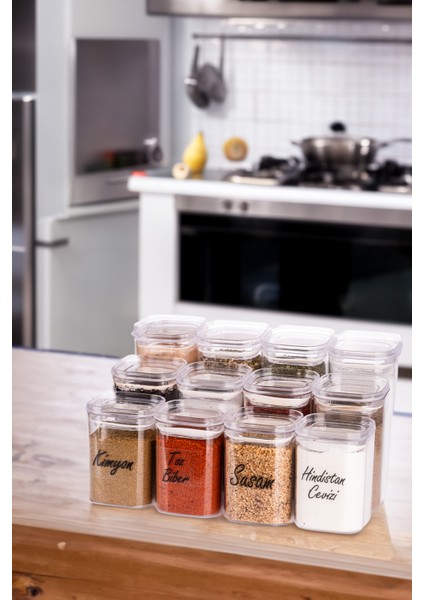 12'li 200 & 250 & 300 ml Vakumlu Her Boy Şeffaf Etiketli Mika Baharatlık Takımı Saklama Kabı