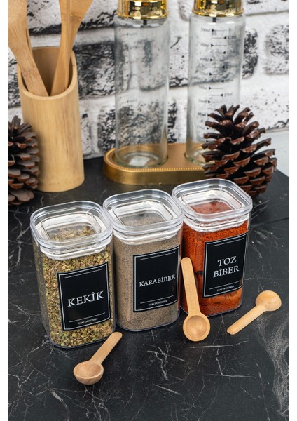 3'lü 250 ml Vakumlu Sızdırmaz Bambu Kaşıklı Etiketli Akrilik Baharatlık Seti Saklama Kabı