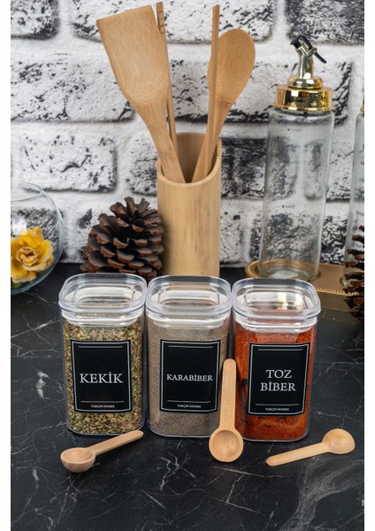 3'lü 250 ml Vakumlu Sızdırmaz Bambu Kaşıklı Etiketli Akrilik Baharatlık Seti Saklama Kabı modelleri