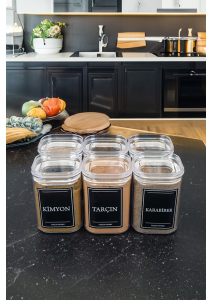 6'lı 200 ml Vakumlu Sızdırmaz Etiketli Akrilik Baharatlık Seti Saklama Kabı Kavanoz