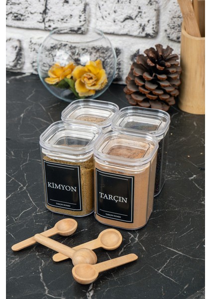 4'lü 200 ml Vakumlu Sızdırmaz Bambu Kaşıklı Etiketli Akrilik Baharatlık Seti Saklama Kabı
