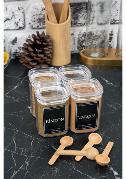 4'lü 200 ml Vakumlu Sızdırmaz Bambu Kaşıklı Etiketli Akrilik Baharatlık Seti Saklama Kabı fırsatları