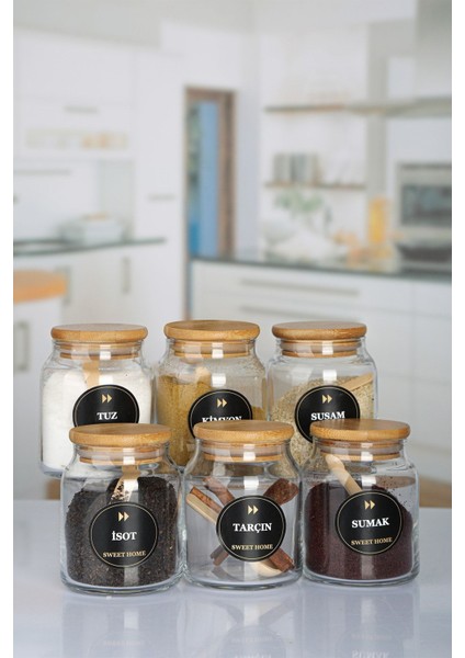 Etiketli, Bambu Kapaklı ve Kaşıklı 6'lı Lüx Baharat Takımı 300ML