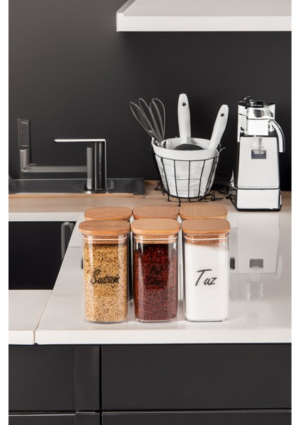 6'lı 300 ml Ahşap Kapaklı Vakumlu Şeffaf Etiketli Mika Baharatlık Seti Saklama Kabı