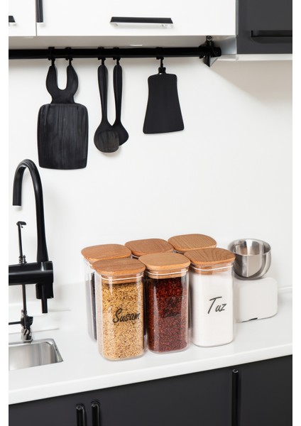 6'lı 300 ml Ahşap Kapaklı Vakumlu Şeffaf Etiketli Mika Baharatlık Seti Saklama Kabı fiyatları