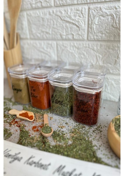8'li 200 ml Şeffaf Kapaklı Vakumlu Etiketli Akrilik Baharatlık Takımı Saklama Kabı