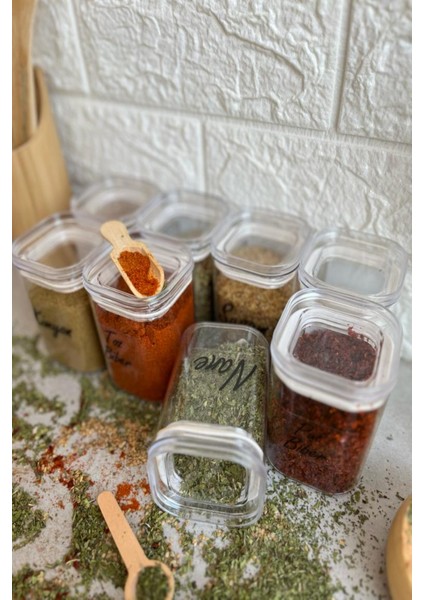 8'li 200 ml Şeffaf Kapaklı Vakumlu Etiketli Akrilik Baharatlık Takımı Saklama Kabı modelleri