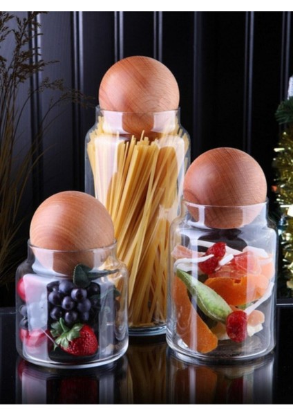 3'lü Cam Kavanoz Seti Çerezlik Baharatlık Ahşap Top Kapaklı Saklama Kabı