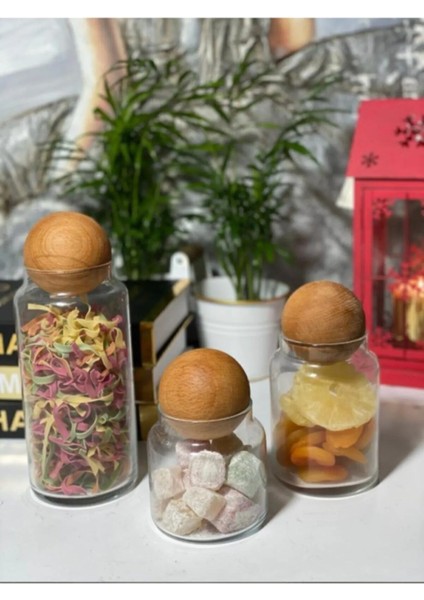 3'lü Cam Kavanoz Seti Çerezlik Baharatlık Ahşap Top Kapaklı Saklama Kabı modelleri