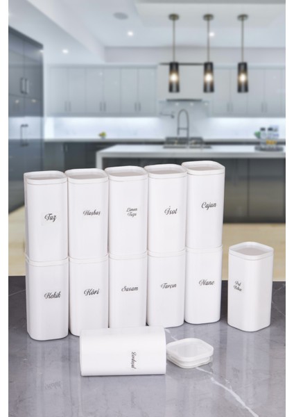 12'li Vakumlu Beyaz 250 ml Premium Baharatlık Takımı - Sızdırmaz Kapaklı Akrilik Baharatlık Seti