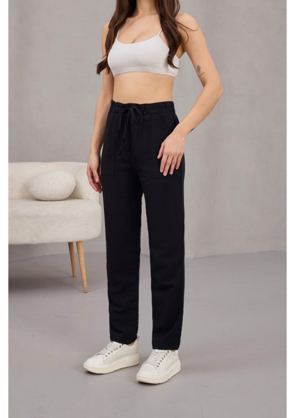 Kadın Yüksek Bel Keten Karışımlı Havuç Pantolon