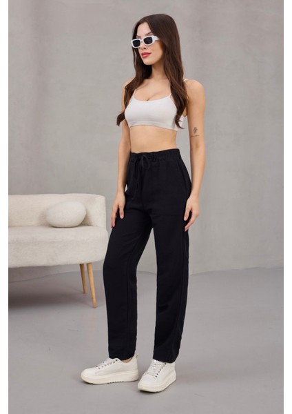 Kadın Yüksek Bel Keten Karışımlı Havuç Pantolon
