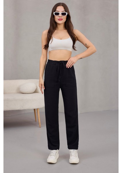 Kadın Yüksek Bel Keten Karışımlı Havuç Pantolon